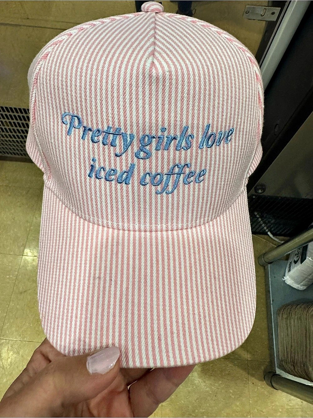 Pretty Girls Love Iced Coffee Seersucker Trucker Hat Pink & white